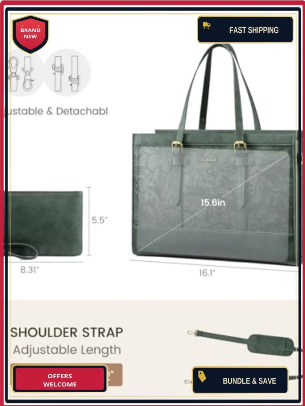 Vintage PU Leather Laptop Tote Bag for Women 15.6 Inch Work Bag